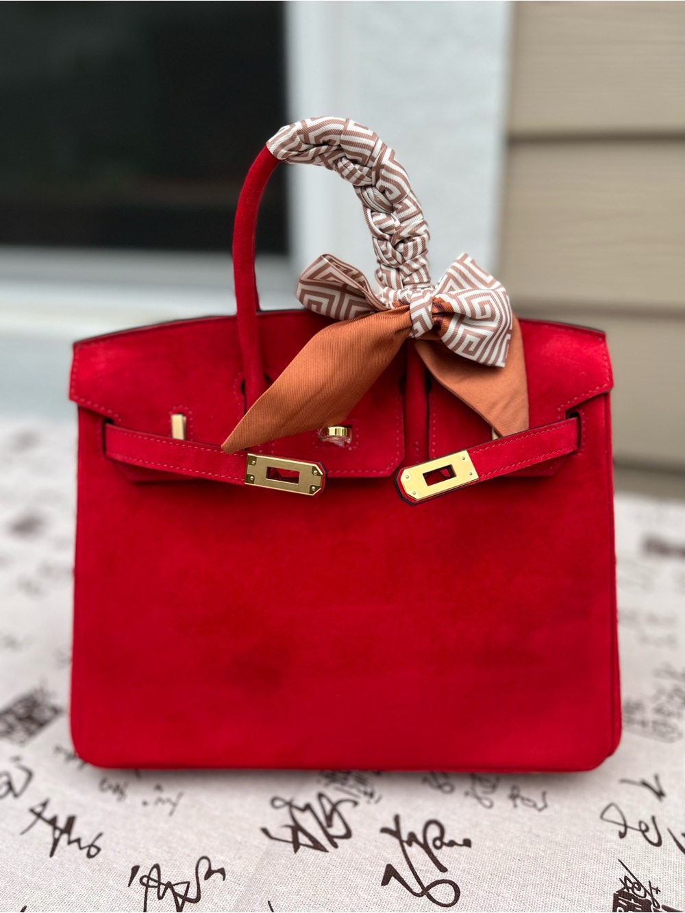 Red Suede Double-Handle Handbag 25cm with Gold-tone Hardware - New